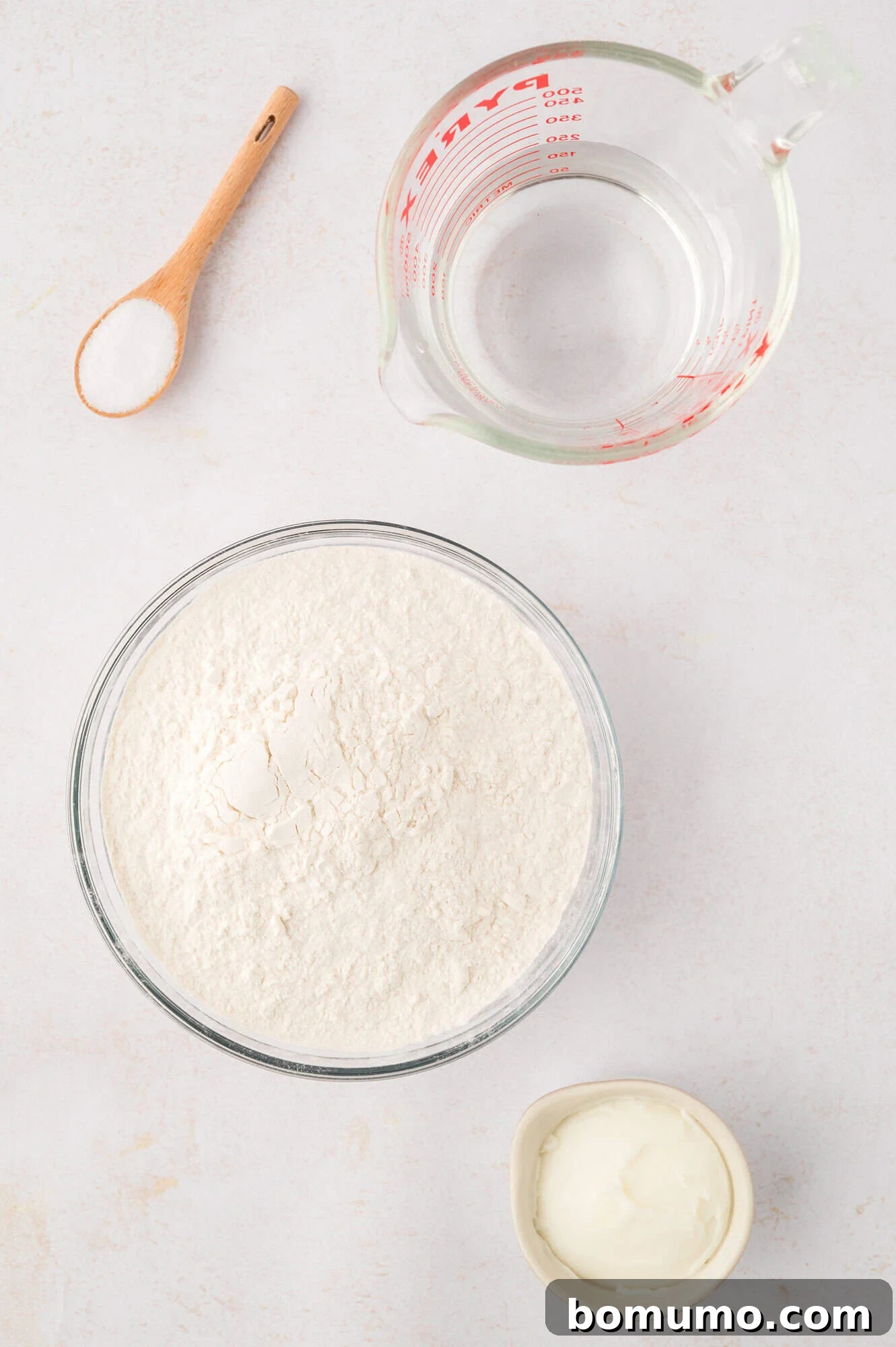 Overhead view of the essential ingredients needed for homemade tortillas: flour, shortening, and salt.