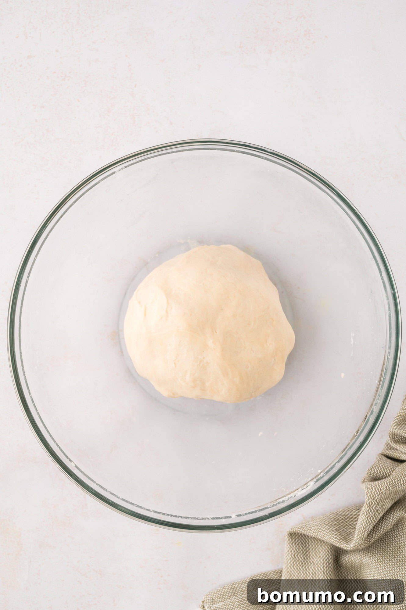 Tortilla dough formed into a smooth ball and placed in a bowl, ready for resting.