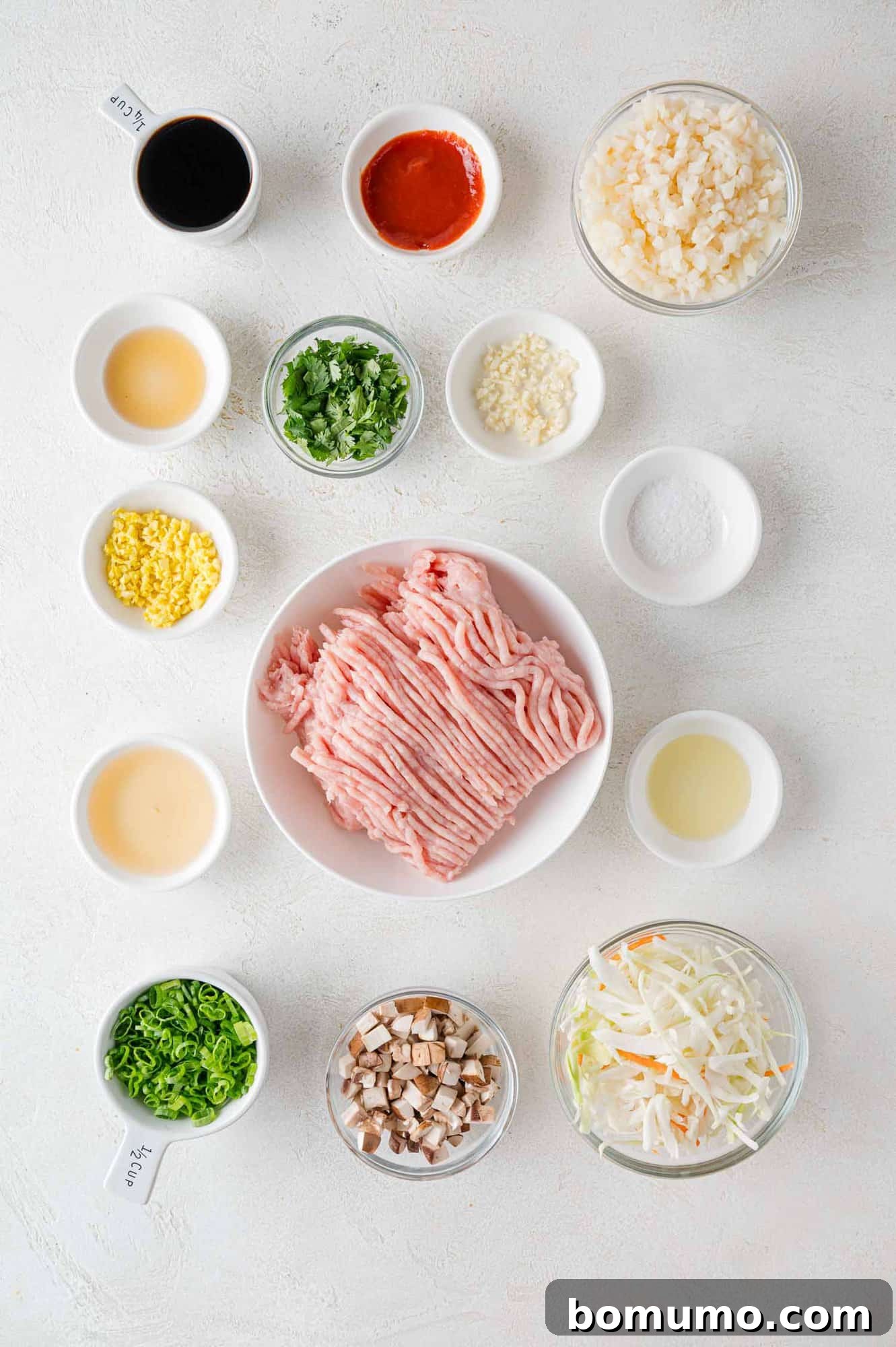 Ingredients displayed include ground meat, chopped vegetables, herbs, sauces, and seasonings in small bowls on a white surface.