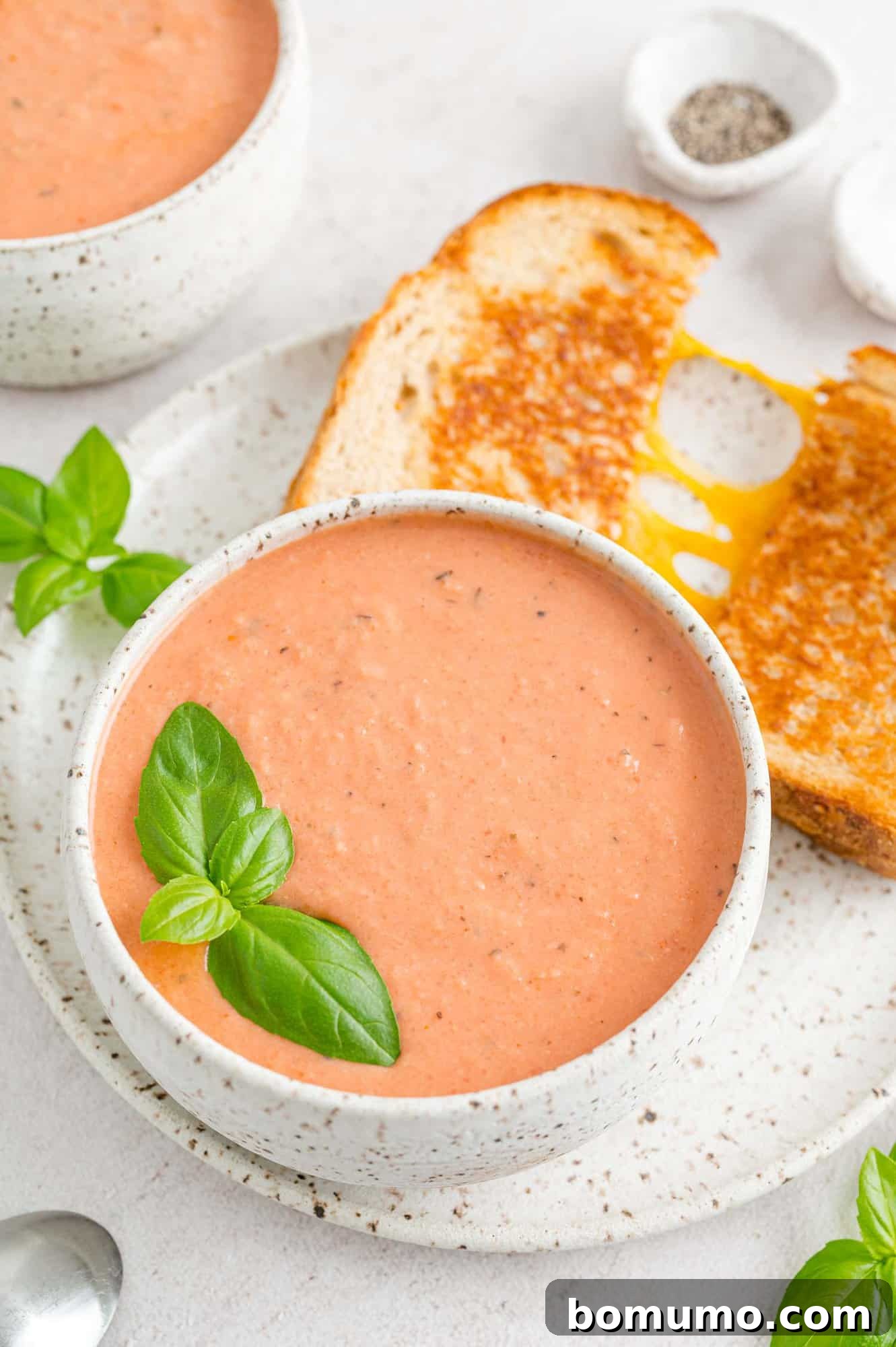 Healthy creamy tomato soup on a plate with grilled cheese.
