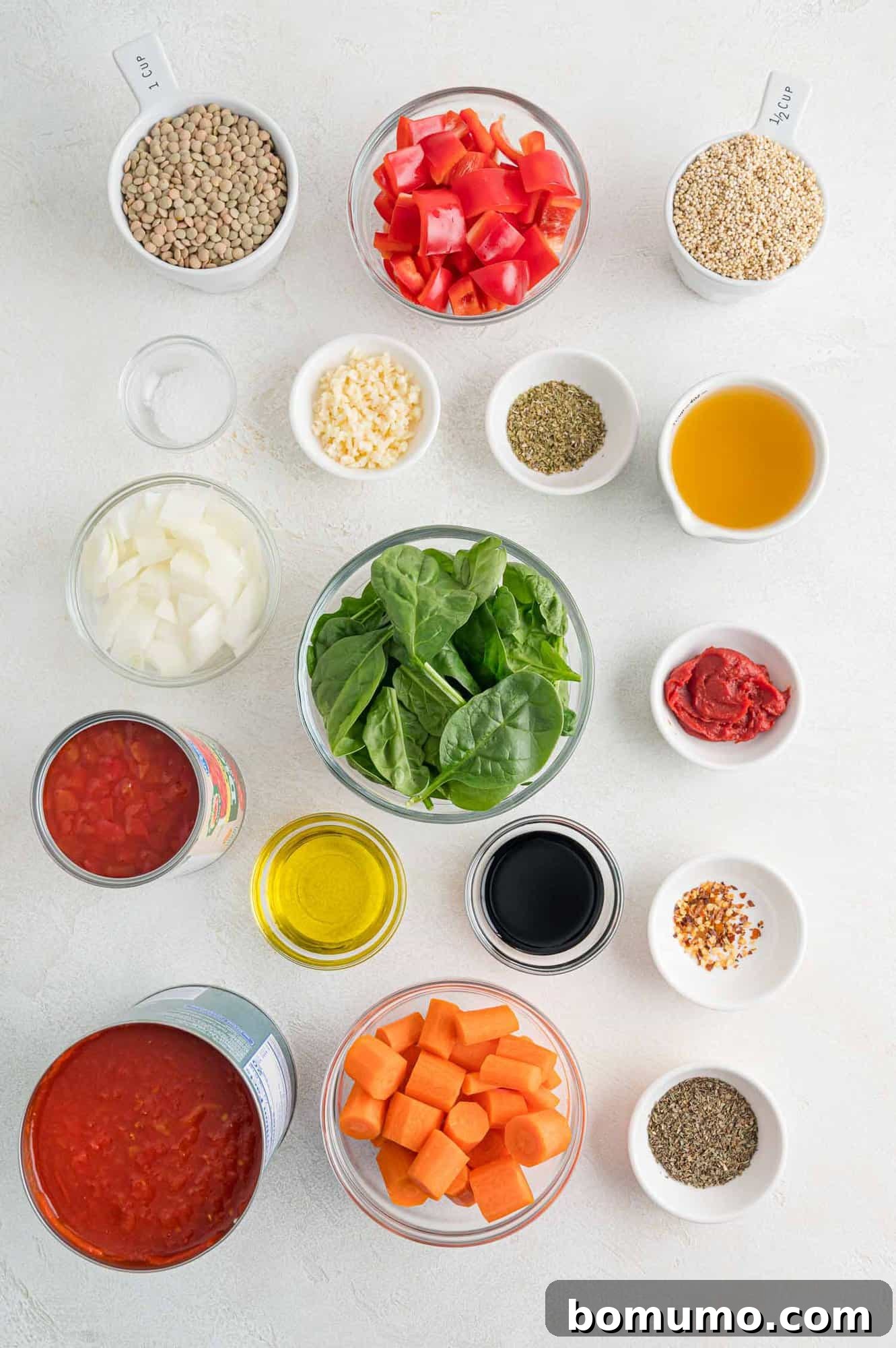 Assortment of fresh and canned ingredients needed for making vegan bolognese.