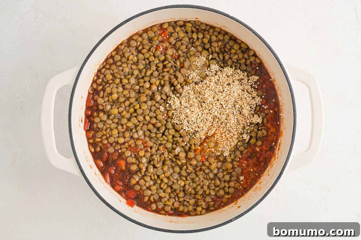 All ingredients combined in a white pan, ready to simmer.