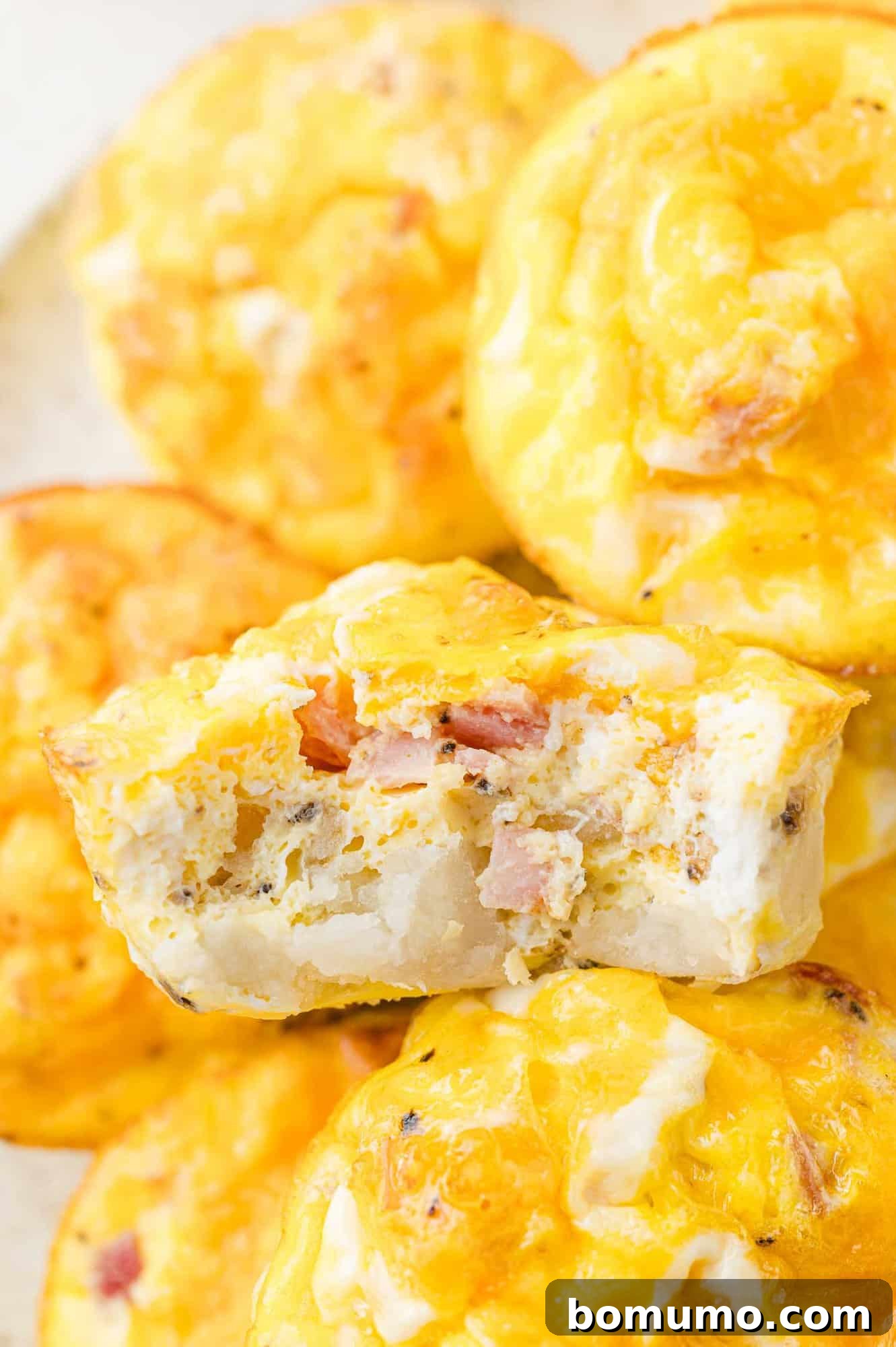 Close-up of egg muffins with visible chunks of ham and melted cheese. One muffin is halved, showing the interior texture.