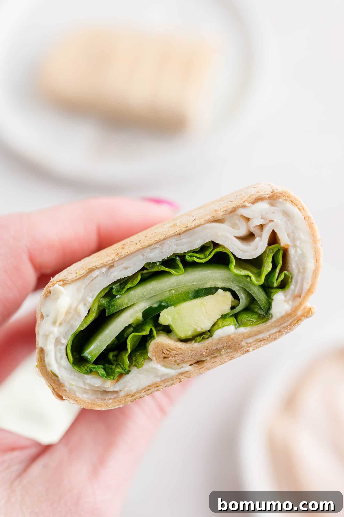A hand gracefully holding one half of a freshly prepared turkey wrap, showcasing its vibrant and abundant fillings against a blurred background of various ingredients.
