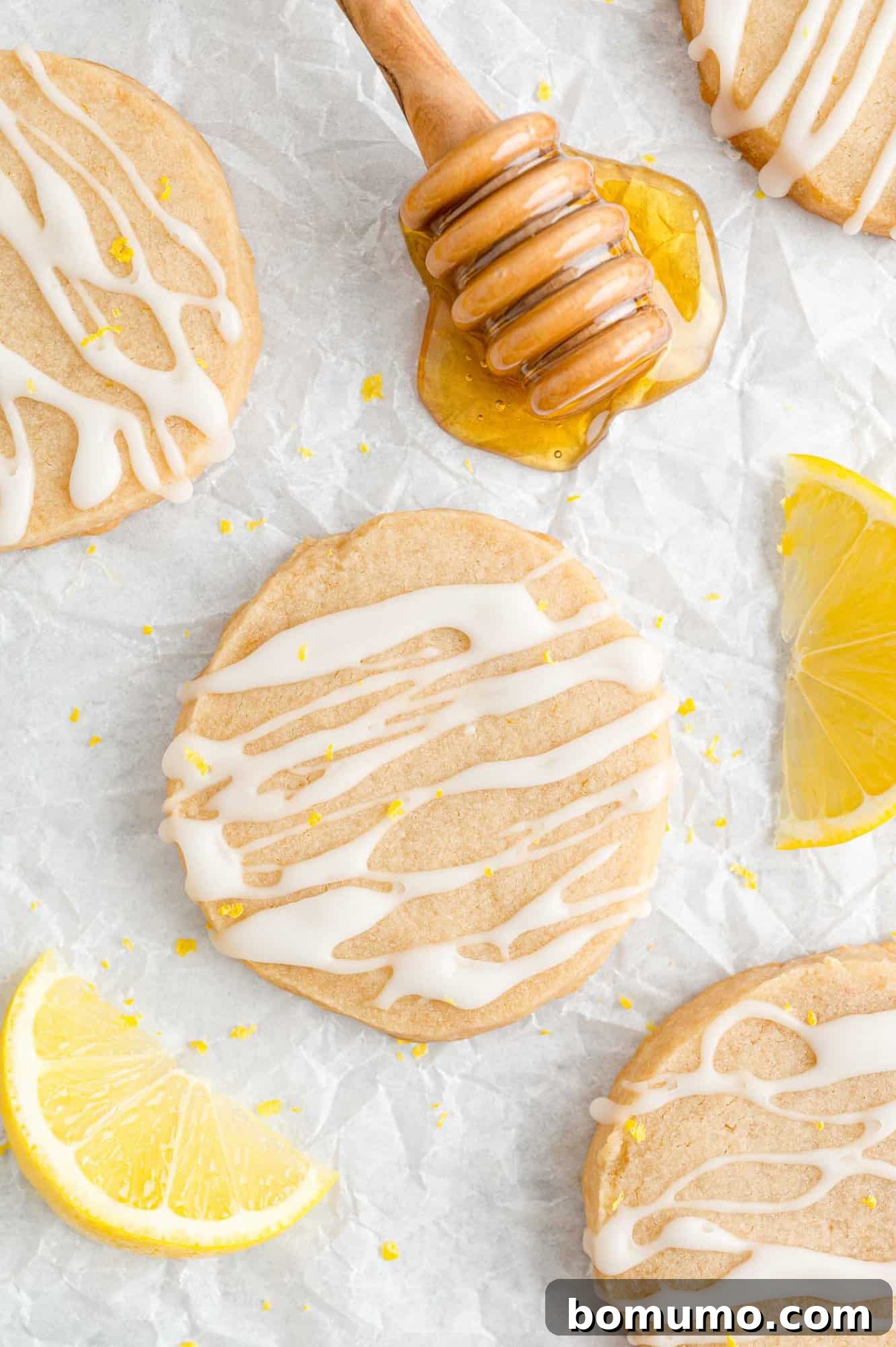 Honey lemon shortbread with glaze drizzled on.
