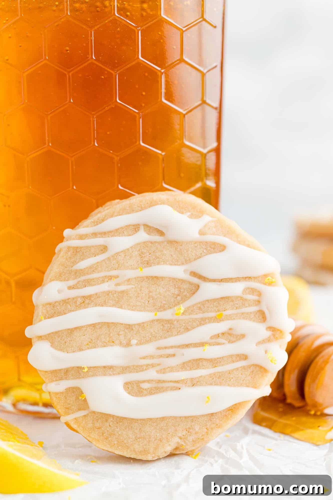 Cookie leaning against jar of honey.