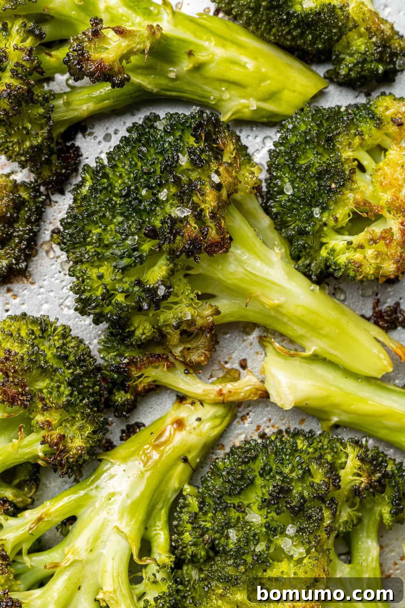 Close up view of crispy roasted broccoli floret, surrounded by others. Golden-brown edges hint at its delicious crunch.