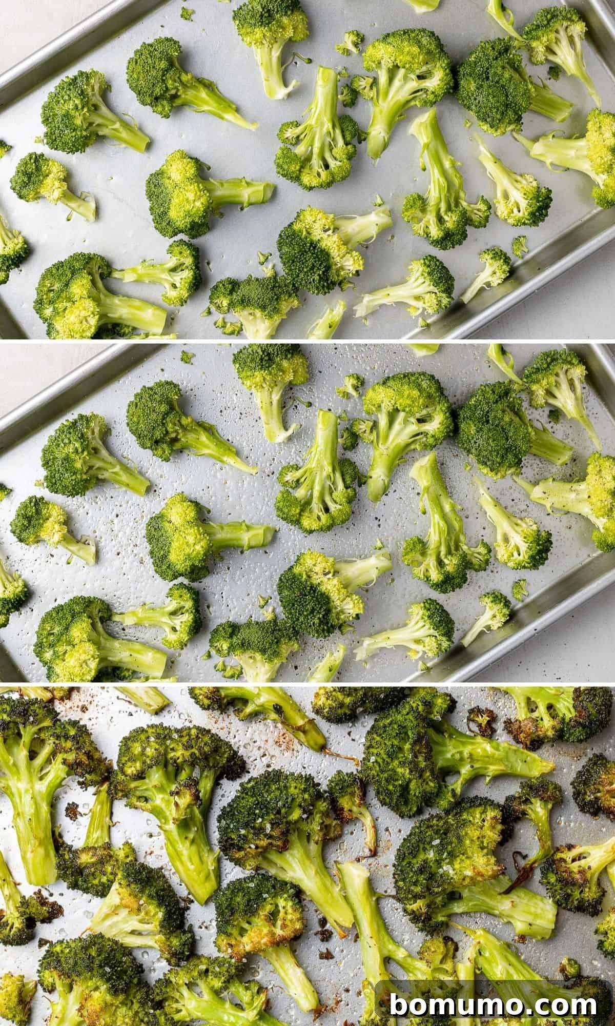3 images, showing the transformation: raw plain broccoli, raw broccoli with olive oil and seasonings, and finally, perfectly roasted broccoli.