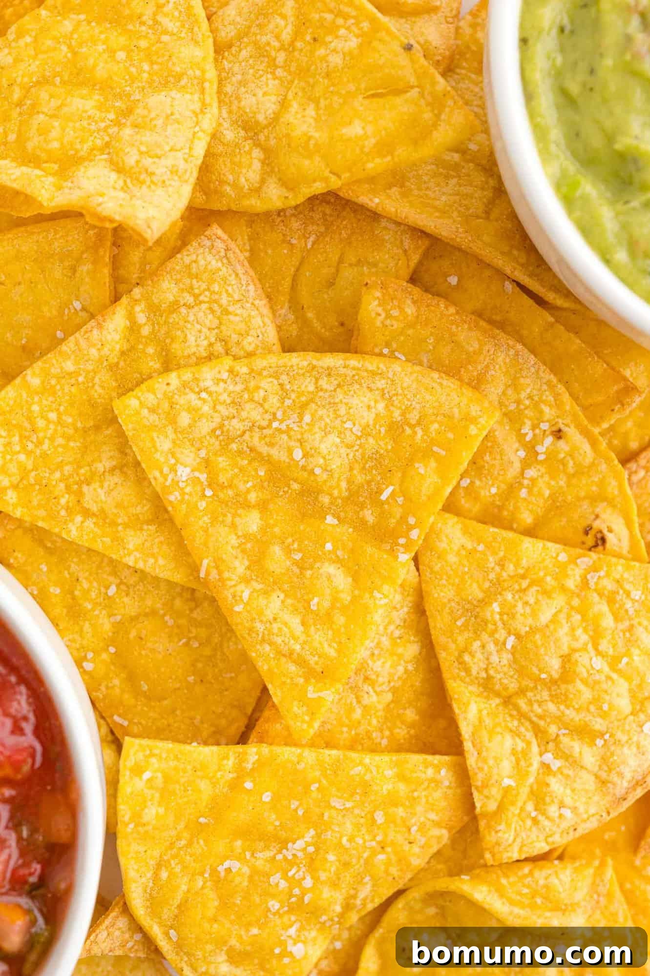Layers of golden-brown air fryer tortilla chips, homemade guacamole, and fresh salsa partially visible, ready for dipping.