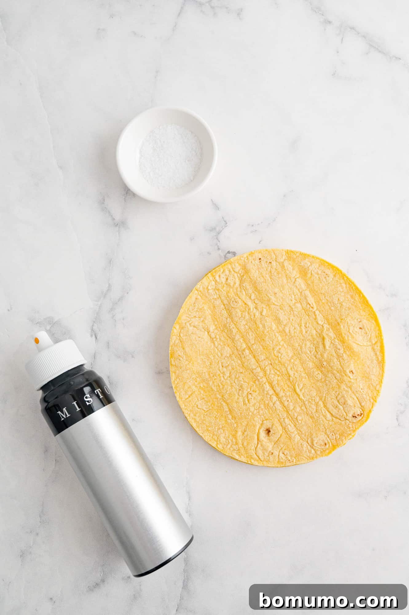 The three simple ingredients laid out on a clean surface: a stack of corn tortillas, a bottle of olive oil spray, and a small bowl of kosher salt.