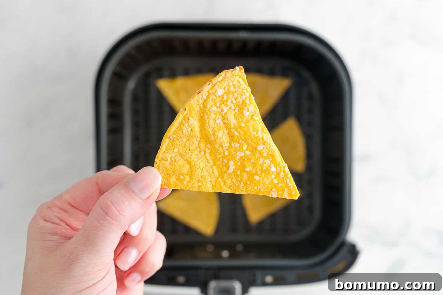 A close-up shot of a perfectly crispy, golden-brown tortilla chip being held up by a hand, showcasing its texture after air frying.