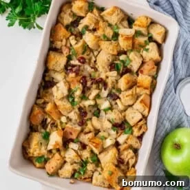 Overhead view of apple stuffing in a casserole dish.