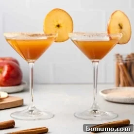 Two apple cider mocktails garnished with round apple slices.