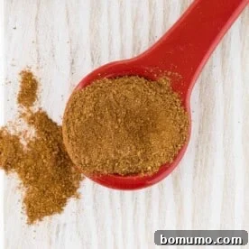 Overhead view of apple pie spice on a red ceramic measuring spoon.