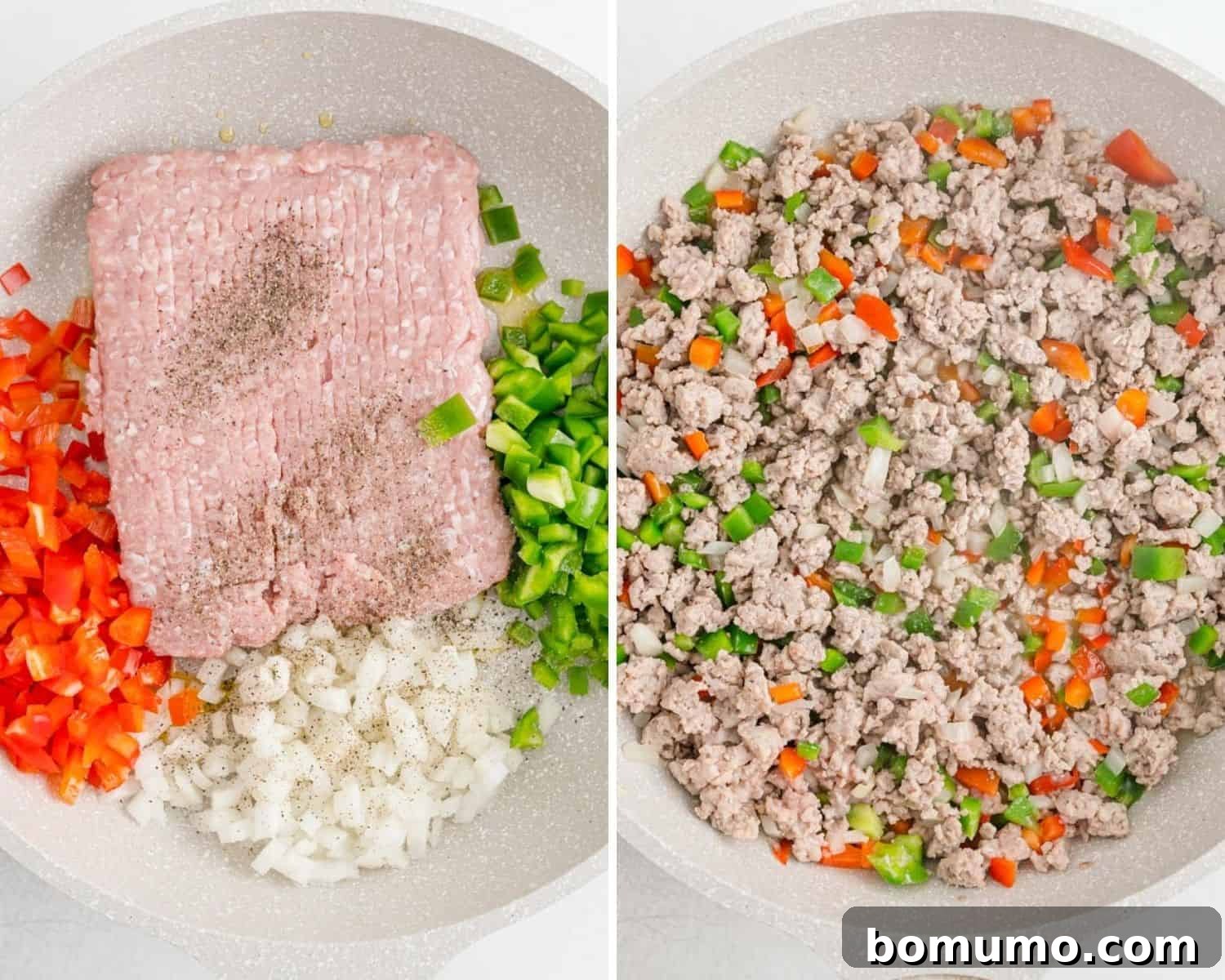 A visual comparison showing raw ground meat, onions, and bell peppers in a skillet on the left, and the browned, softened mixture on the right after cooking.