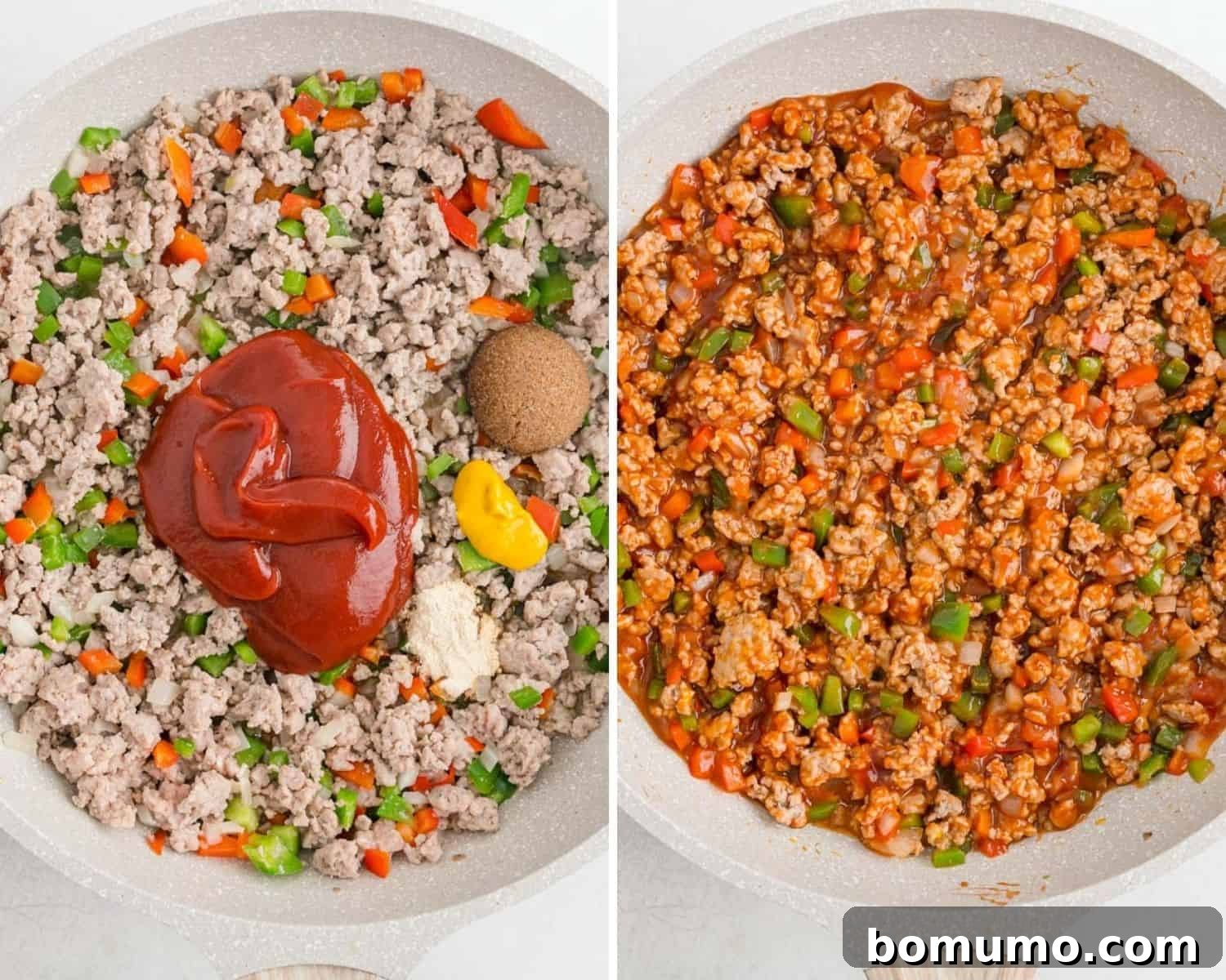 A side-by-side view of cooked ground meat and vegetables before adding sauce on the left, and the rich, red sloppy Joe mixture after the sauce is thoroughly incorporated on the right.
