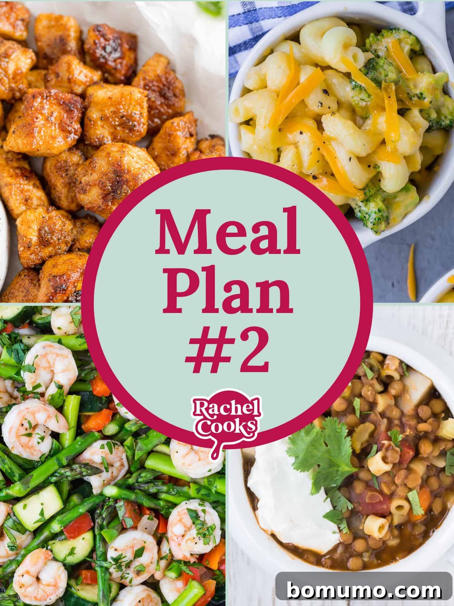A collage of four enticing recipe images, with a text overlay that reads 'Meal Plan #2,' inviting readers to explore curated meal ideas.