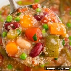 A ladle serving a hearty bowl of Crockpot Minestrone Soup with Quinoa.