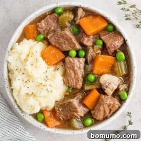 A hearty bowl of Slow Cooker Beef Marsala Stew with tender potatoes.