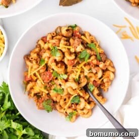 A comforting bowl of hearty Crockpot Goulash with a spoon.