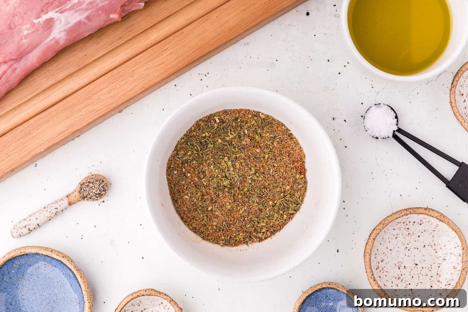 Spices mixed in a bowl, ready for the rub.
