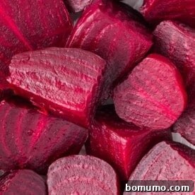 Instant Pot beets, cut into chunks, showing their vibrant interior after cooking.