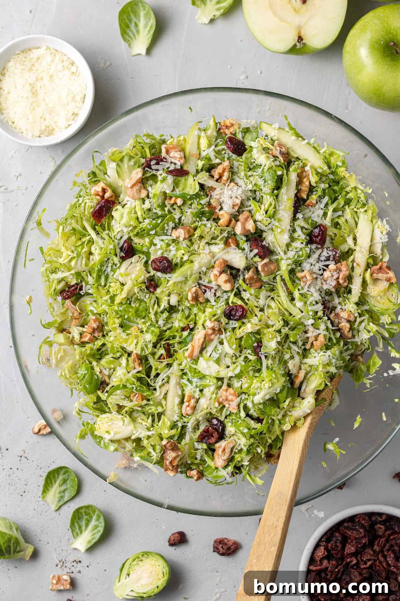 Overhead view of a vibrant shredded brussels sprouts salad with cranberries, walnuts, and green apples, ready to be served.