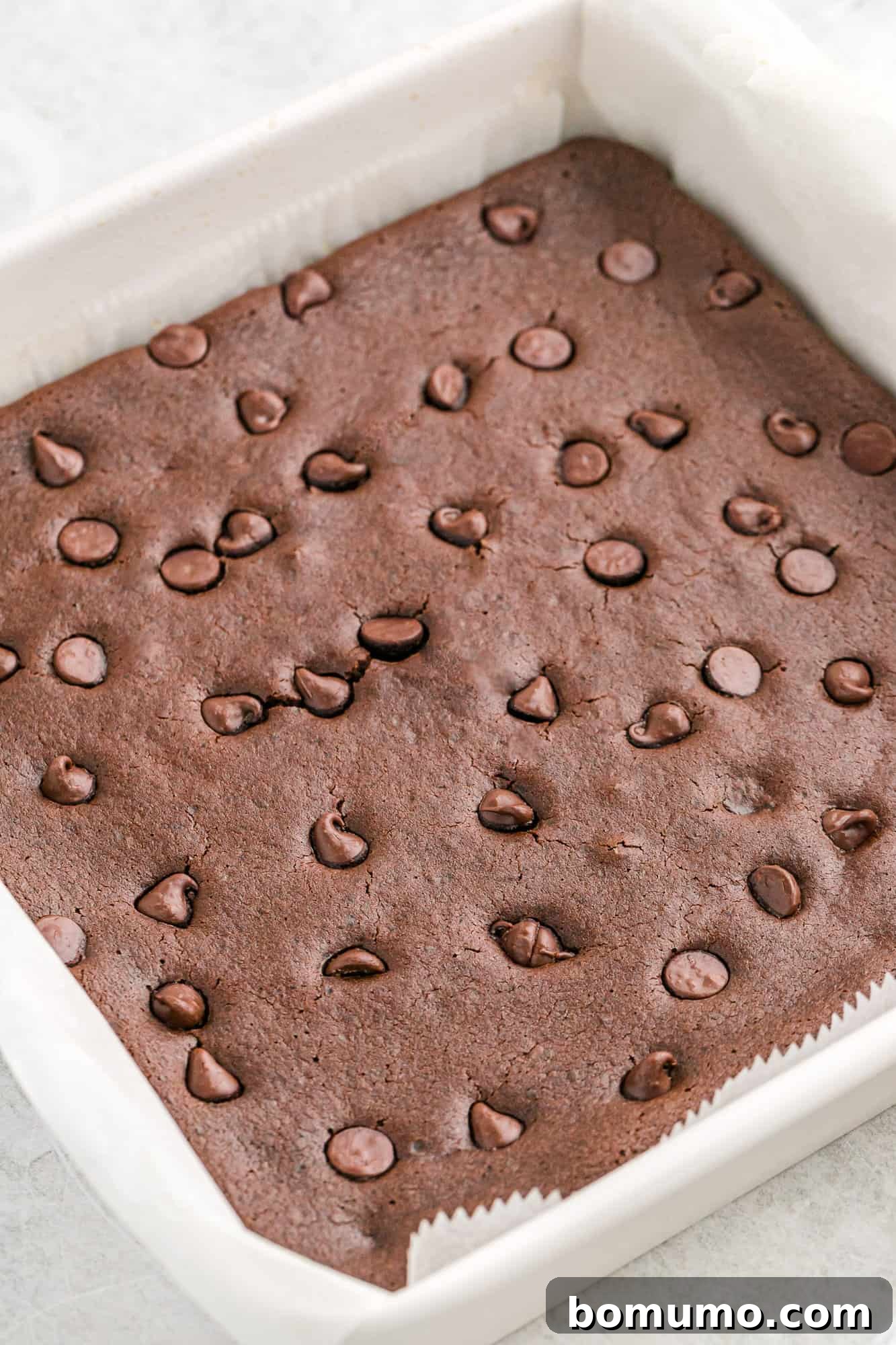 Freshly baked black bean brownies cooling in a parchment-lined pan.