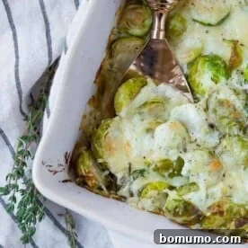 A generous scoop of cheesy Brussels sprouts gratin, showcasing its creamy, bubbling cheese layers.
