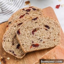 Three perfectly sliced pieces of homemade cranberry walnut bread, displaying the plump cranberries and crunchy walnuts.