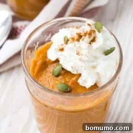 A close-up view of easy pumpkin pudding, elegantly garnished with a dollop of whipped cream, pepitas, and a sprinkle of cinnamon.