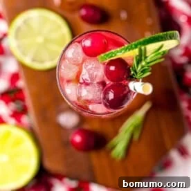 An overhead view of a festive cranberry gin and tonic, garnished with fresh cranberries, a lime wedge, and fragrant rosemary.