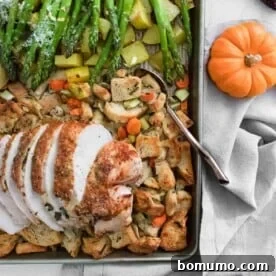 A close-up of a complete Thanksgiving dinner served on a single sheet pan, featuring roasted turkey breast, savory stuffing, tender potatoes, and crisp asparagus.