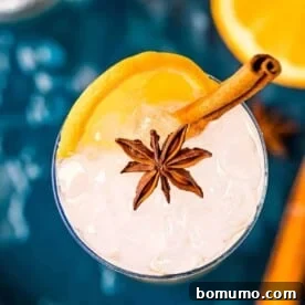 An overhead view of an orange gin and tonic cocktail, beautifully garnished with a vibrant orange slice, a warming cinnamon stick, and exotic star anise.