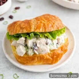 Turkey salad served generously on a flaky croissant, a perfect way to repurpose leftover turkey.