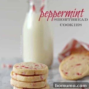 Front view of a stack of four peppermint cookies, with milk bottle in background.