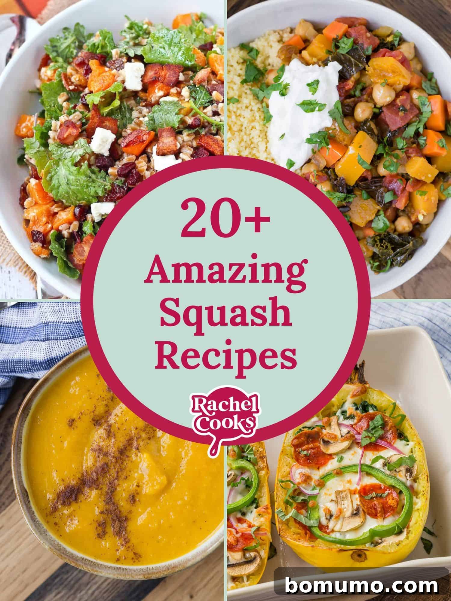 Squash recipes round up graphic with text and photos.