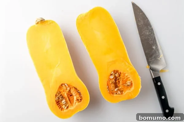 Butternut squash cut in half.