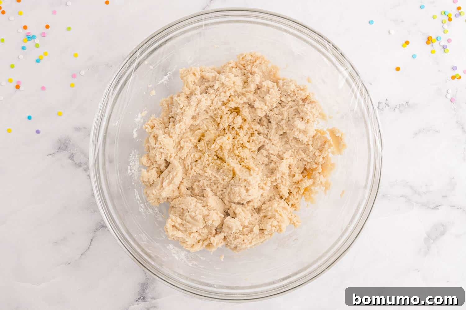 Completed batter in a clear bowl.