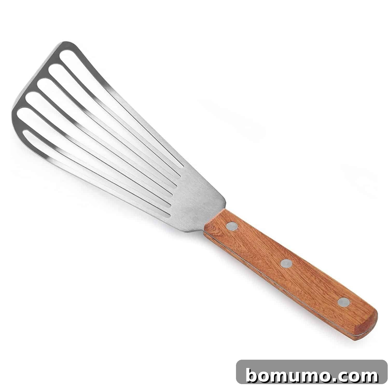 A sleek, flexible metal fish spatula, ideal for handling delicate foods like fish and pancakes.