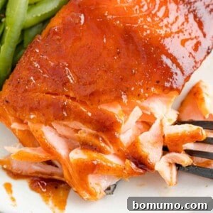 BBQ salmon, flaked with a fork to show the texture and juiciness of the fish.