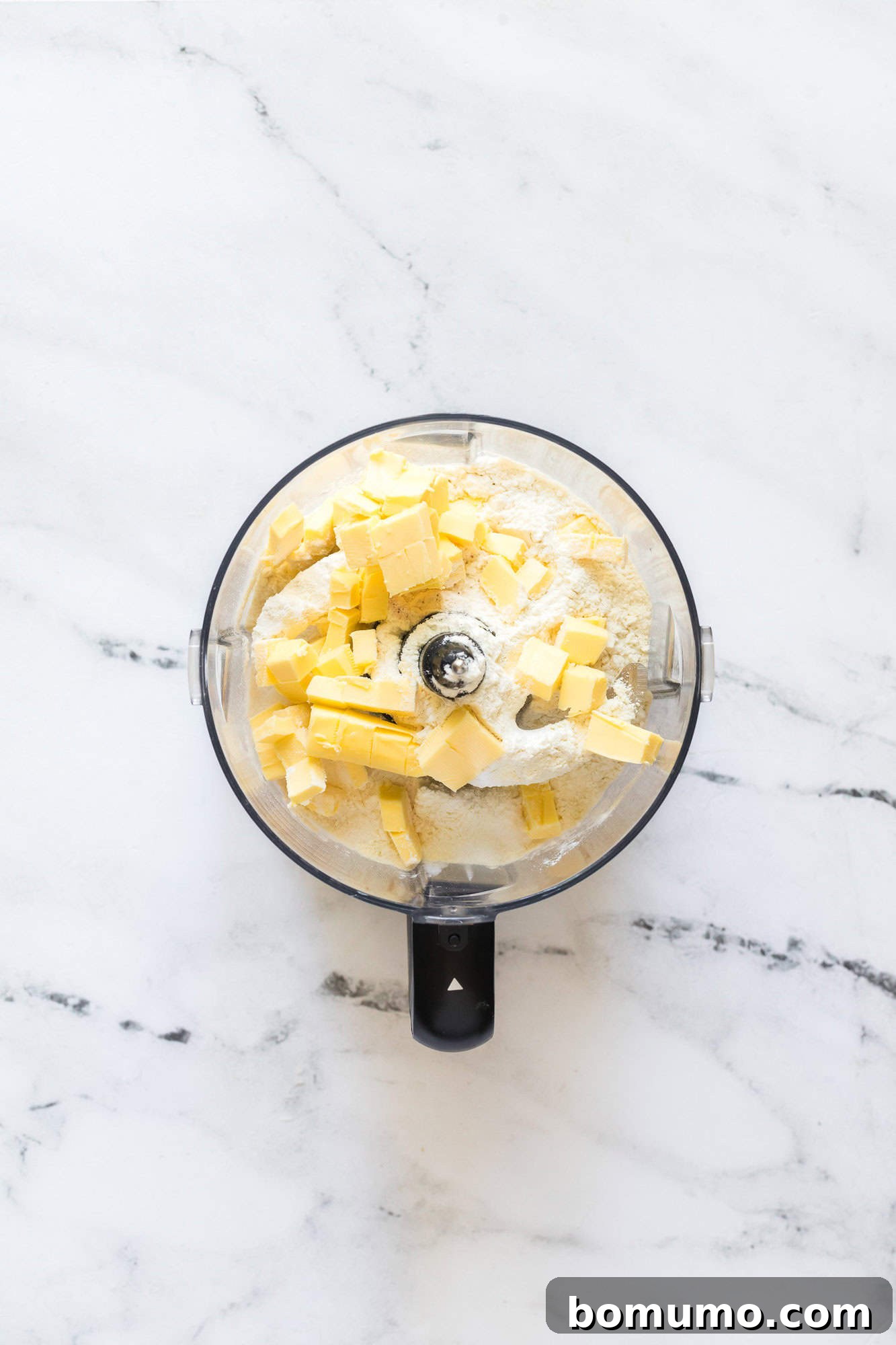 Ingredients for crust are added to a food processor, ready to be blended.