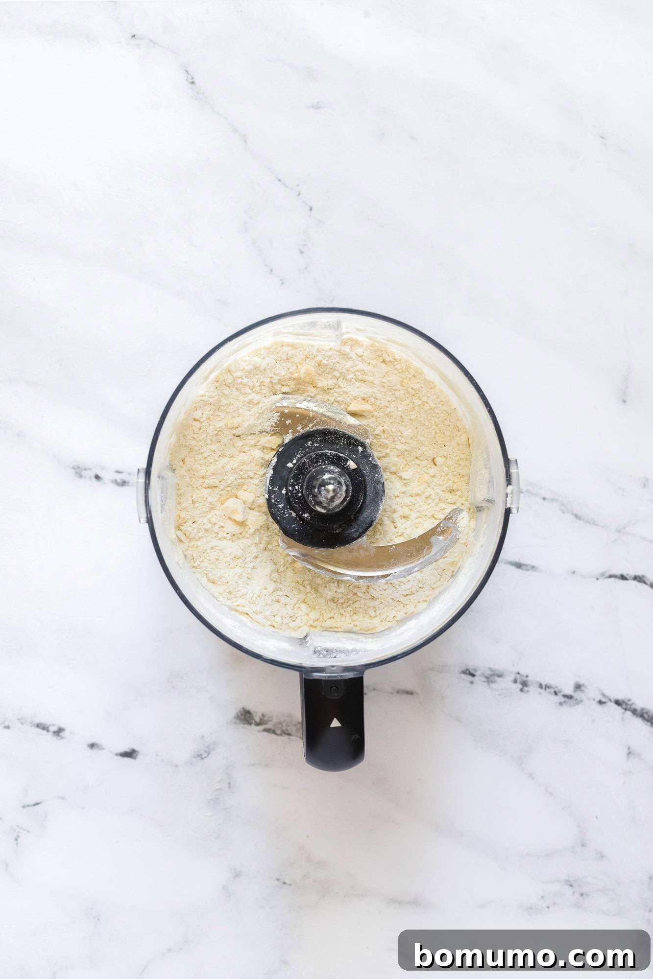 The crust mixture after blending, showing a crumbly texture before water is added.