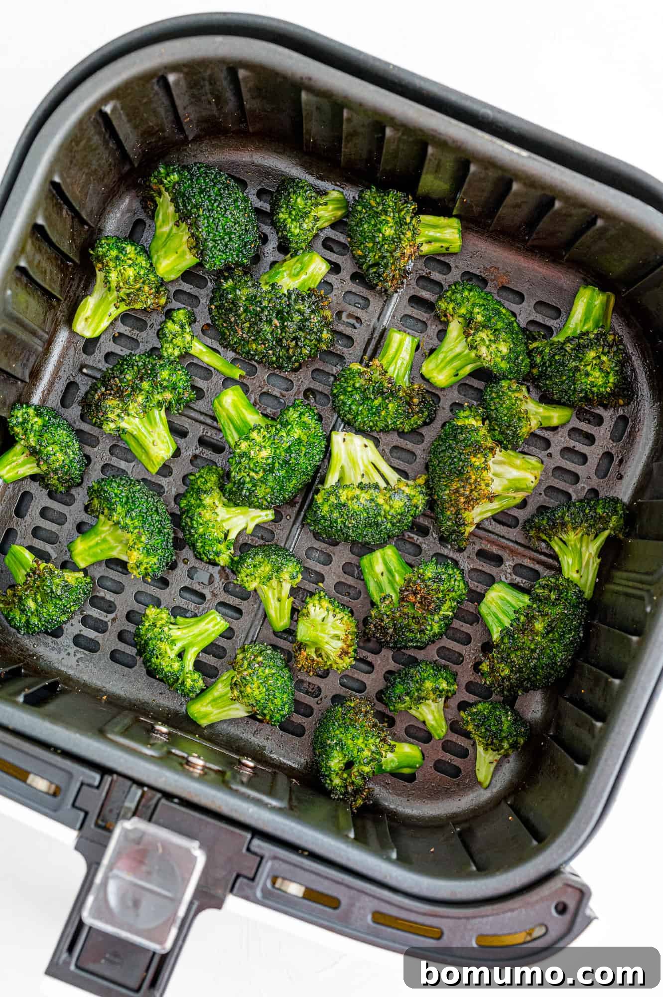 A close-up shot of perfectly cooked and lightly browned broccoli florets resting in the metal basket of an air fryer.
