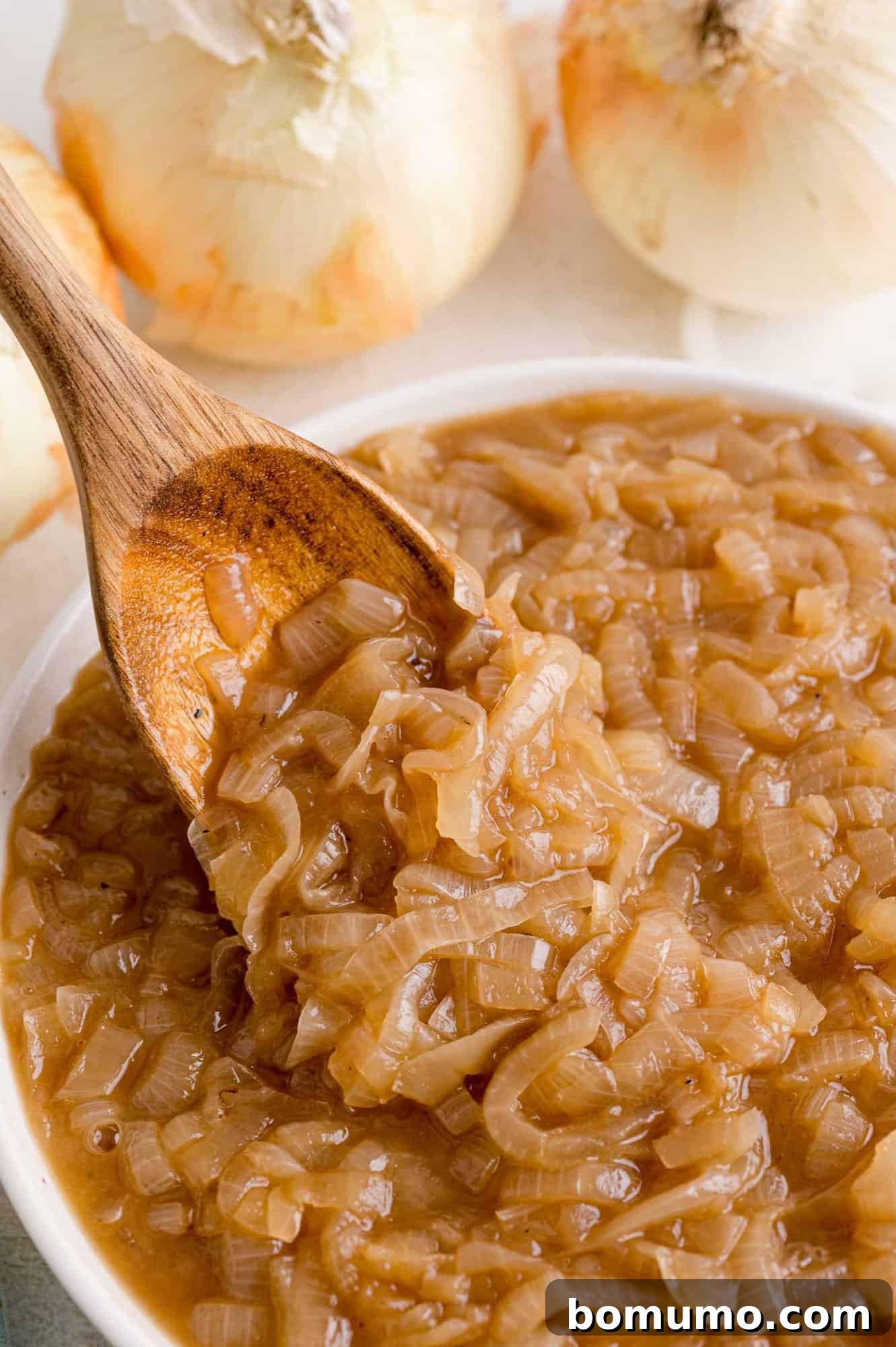 Caramelizing Onions: A Comprehensive Guide 2 Caramelized onions in a bowl and on a spoon