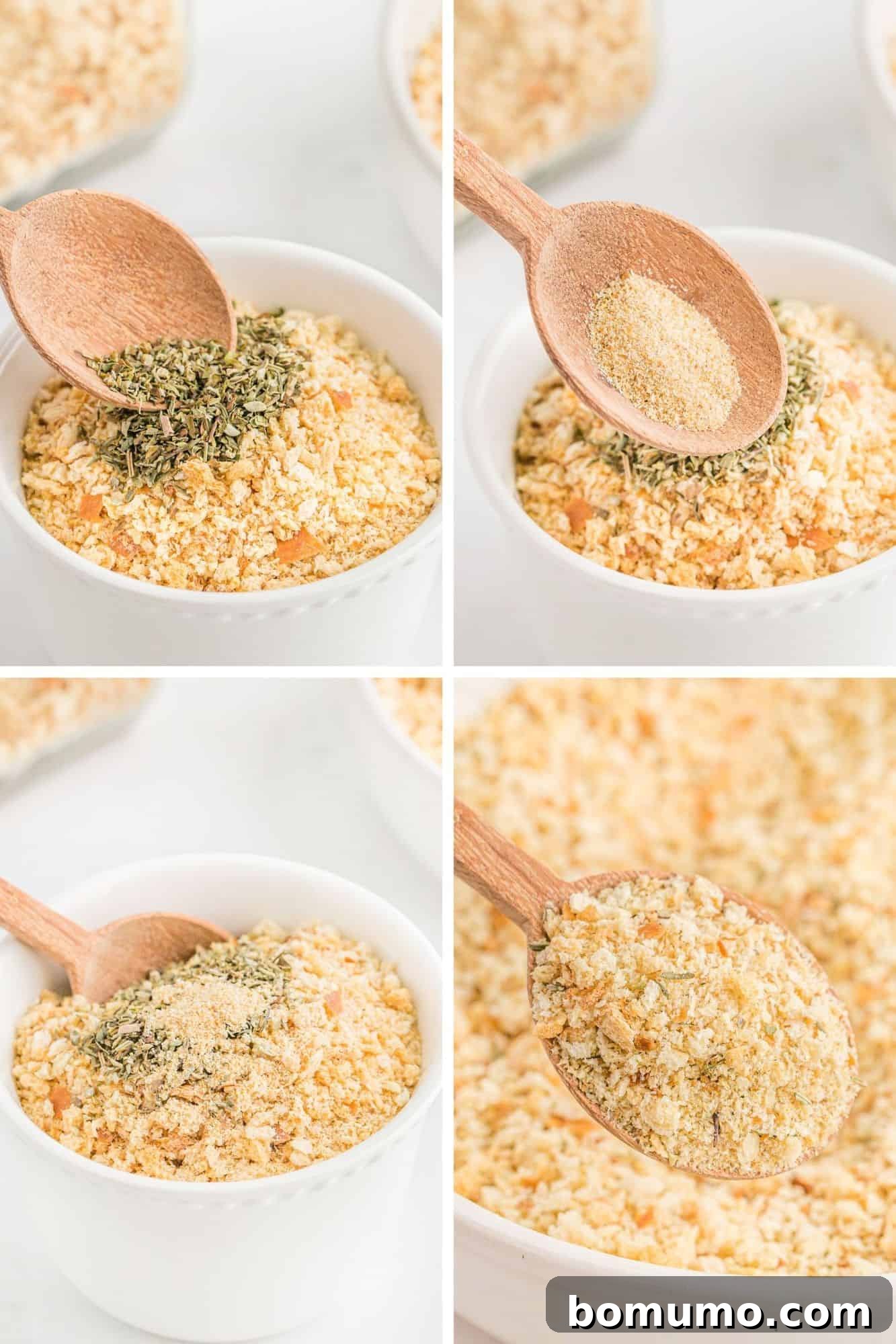 Four images showing how to make Italian bread crumbs.