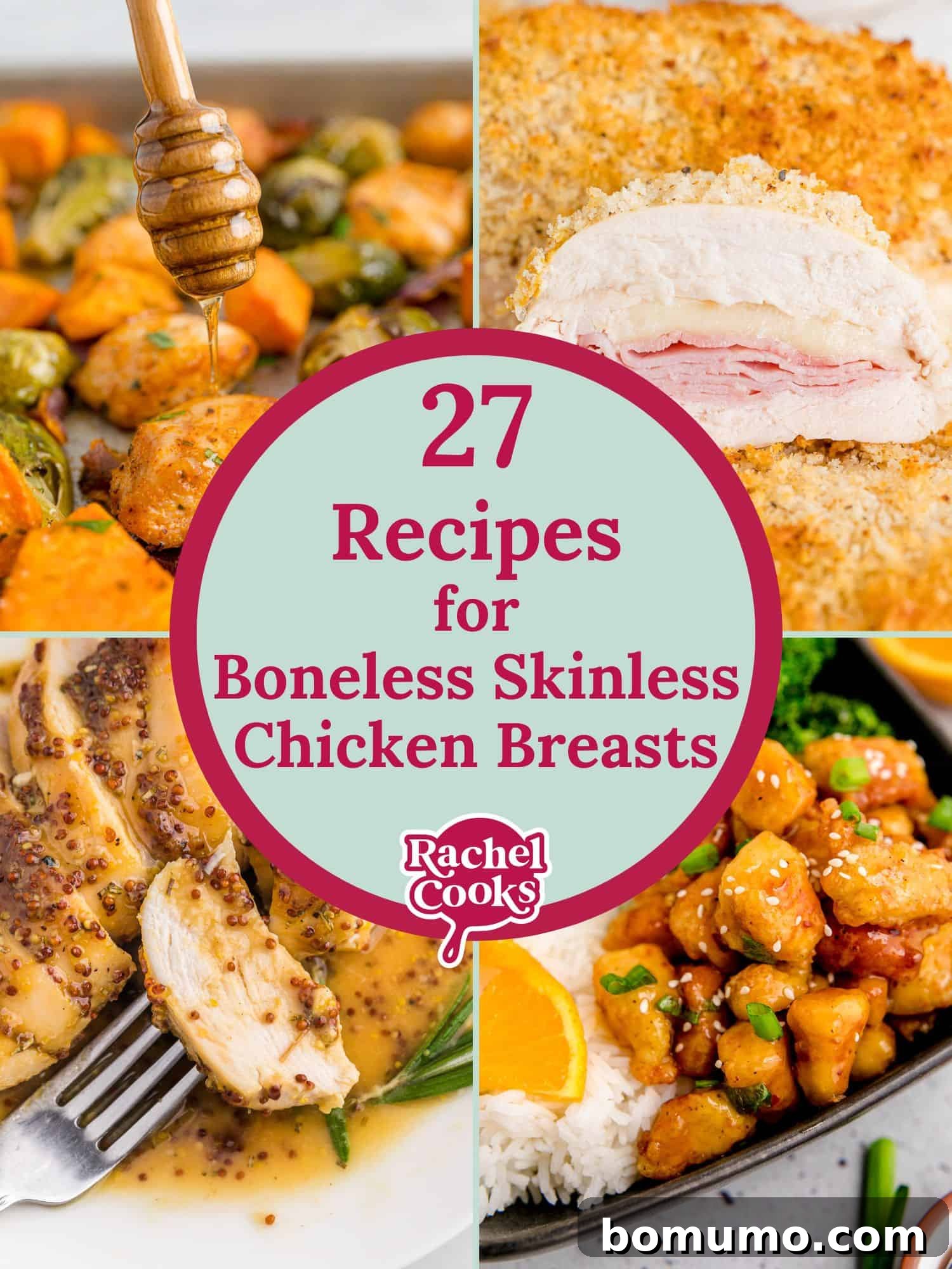 A vibrant collection of boneless skinless chicken breast recipes, showcasing various dishes from salads to baked entrees, arranged appealingly to inspire home cooks.