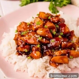 A plate of delectable bourbon chicken served over fluffy white rice, garnished with sesame seeds and fresh green onions for a touch of vibrancy.