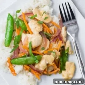 An overhead shot of a vibrant chicken stir fry with fresh ginger and basil, served over white rice with sugar snap peas, carrots, and red onions.