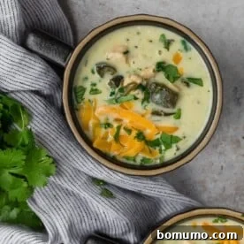 An inviting overhead view of creamy chile relleno soup, generously topped with melted cheddar cheese for a rich finish.